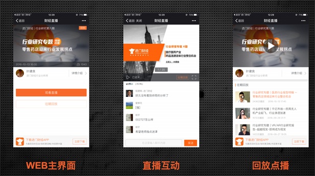 五大主题模块 打造财经路演生态圈 进门财经路演直播平台在内容框架建设上,搭建有分析师、上市公司、新三板、财经观点、金融课堂五大主题模块: 一、分析师版块,是国内一流券商研究所首选路演直播平台,汇聚36个行业历届“新财富最佳分析师”第一名。首席研究阵容实时分享原创研报、行业分析、企业研究,为用户第一时间带来深度、独家的投资机会解读; 二、上市公司版块,是A股、海外上市公司进行投资者关系管理的平台。音视频直播结合PPT同步展示,以及公开/私密的直播模式设定,适用于业绩